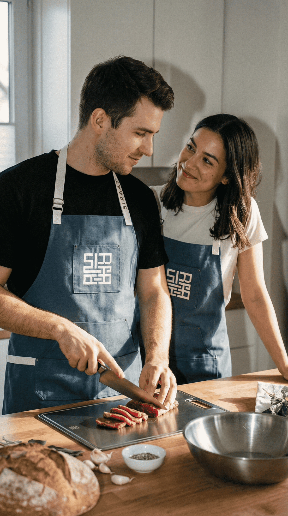 Couple in Siraat aprons cutting raw meat on a titanium board, best cutting boards for raw meat