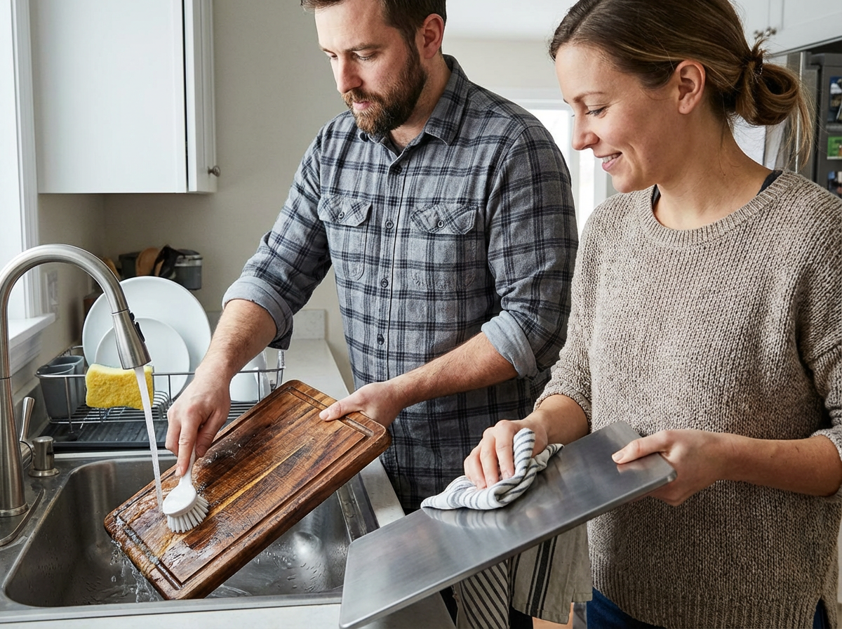 Couple washing wooden and titanium cutting boards, how to clean and disinfect boards by material