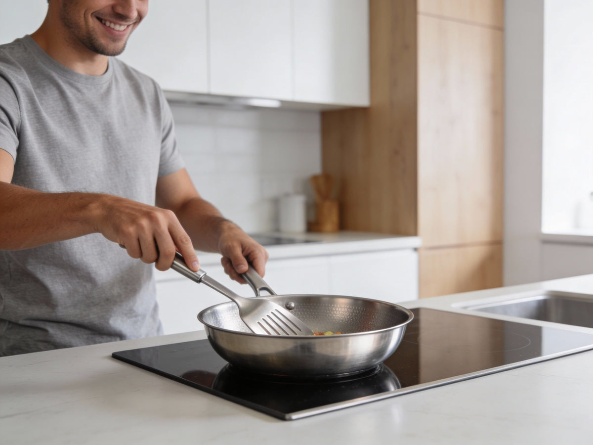 Man cooking on an induction stove with a Siraat titanium pan and tongs, are titanium utensils safe
