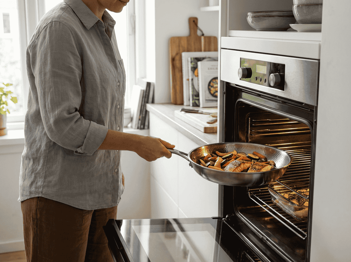 Person placing a pan of food into the oven, can you put non-stick pans in the oven safely