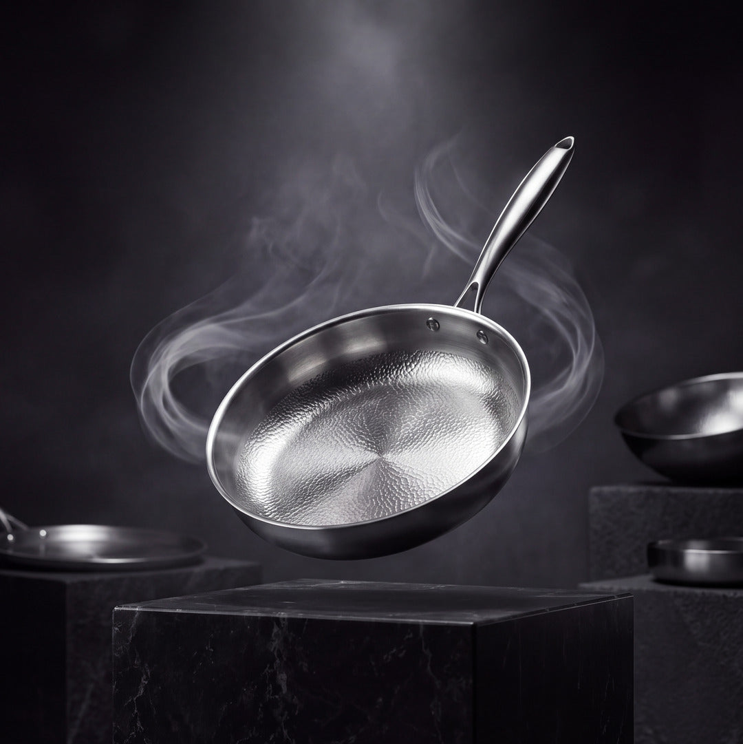 Siraat hammered titanium frying pan levitating above a black marble pedestal in a smoke ring under a spotlight (mobile collection banner)