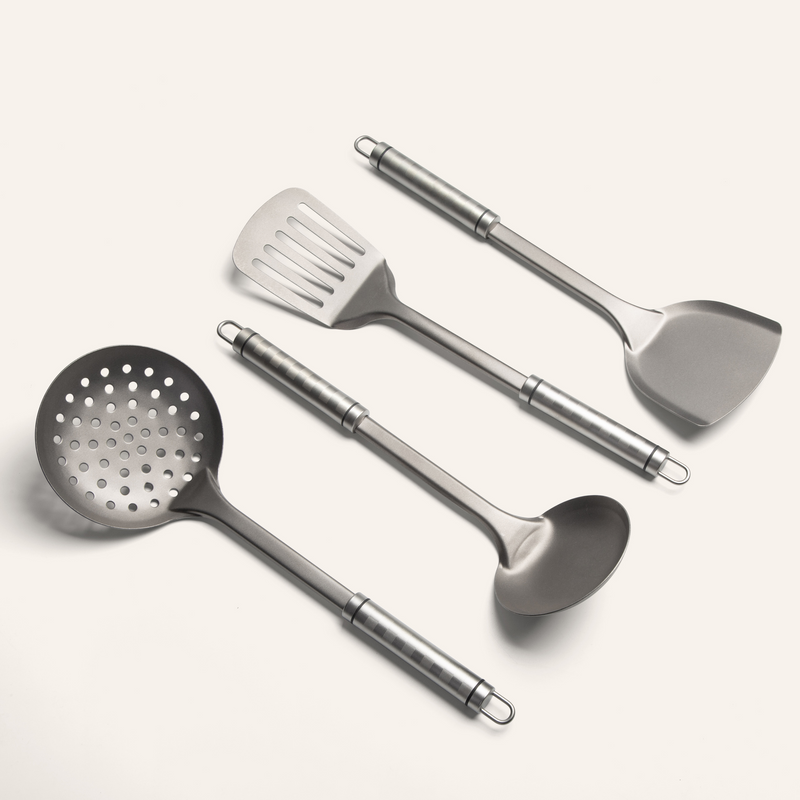 Siraat titanium utensils, skimmer, turner, ladle and slotted spatula, for better titanium cooking