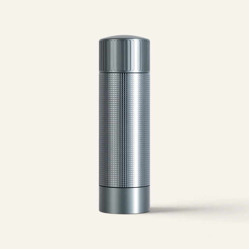 Siraat Salt Mill in brushed titanium gray with textured grip, a refillable non-toxic salt grinder