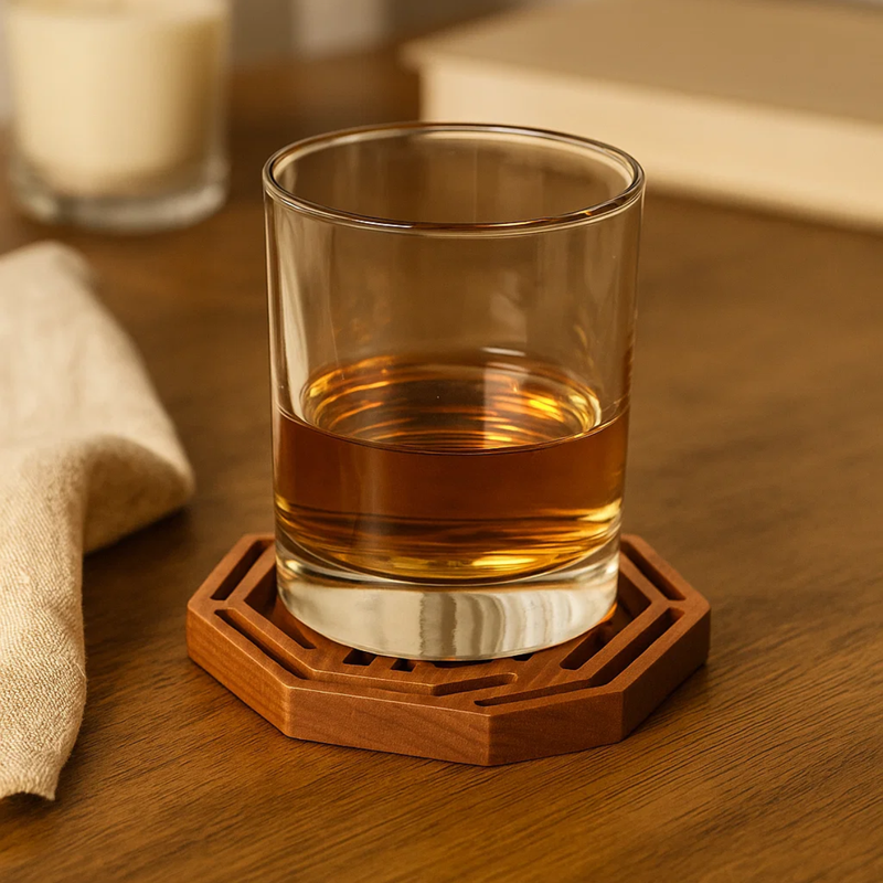 Siraat Cherry Wood Mini Trivet in an octagon shape used as a coaster under a glass of whiskey