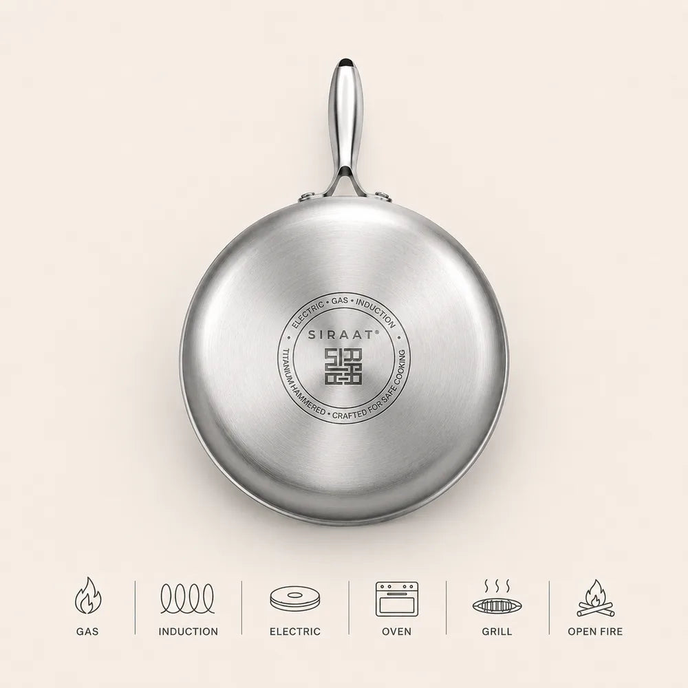 Back of the Siraat pan with heat source icons: gas, induction, electric, oven, grill, open fire
