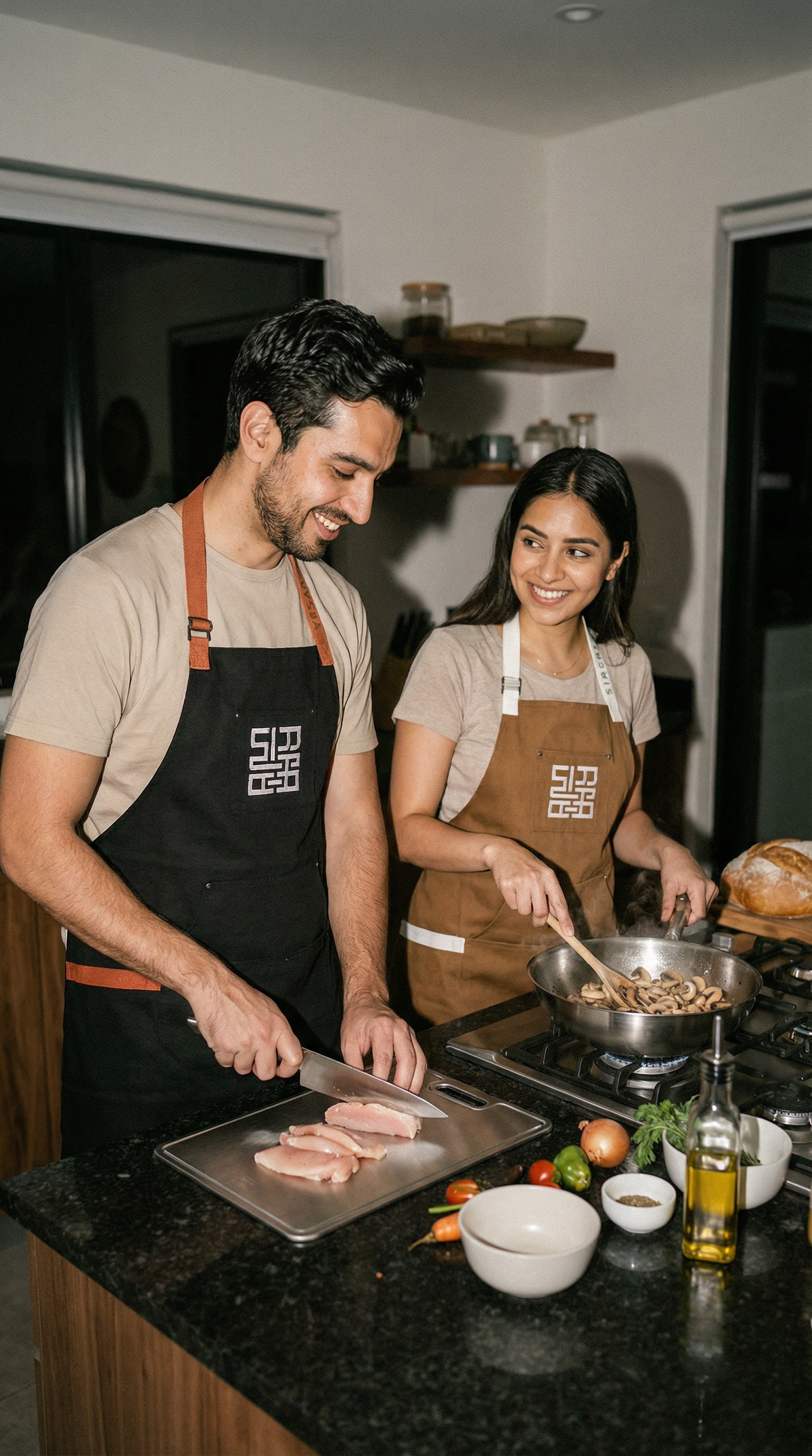 Couple in Siraat aprons cooking with titanium cookware, is titanium cookware worth it for home cooks