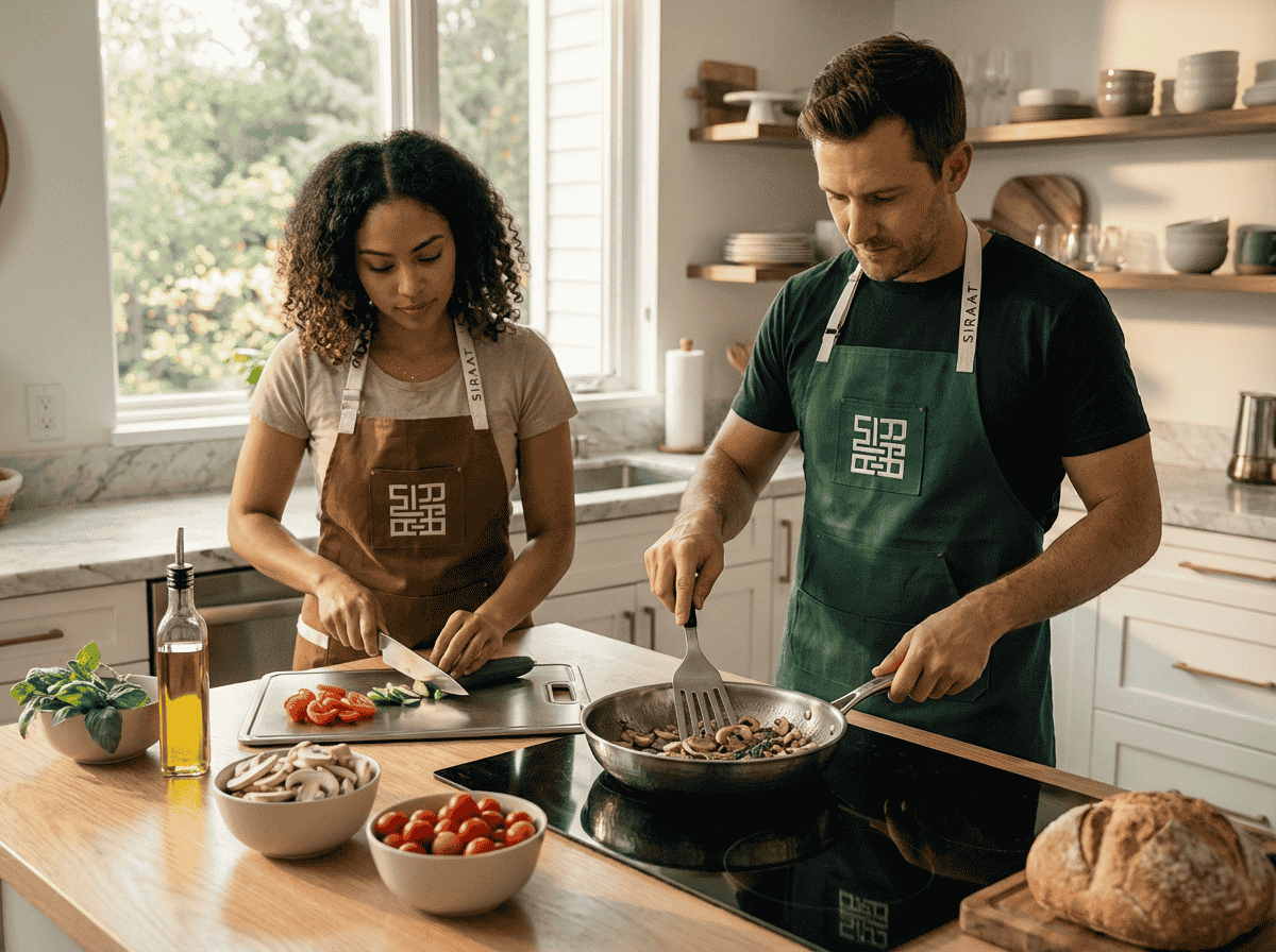 Couple cooking with a Siraat titanium pan and titanium utensils, non-stick cookware safe with metal