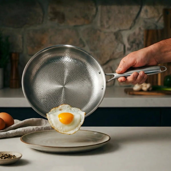 A fried egg sliding out of a Siraat Titanium Hammered Pan Pro