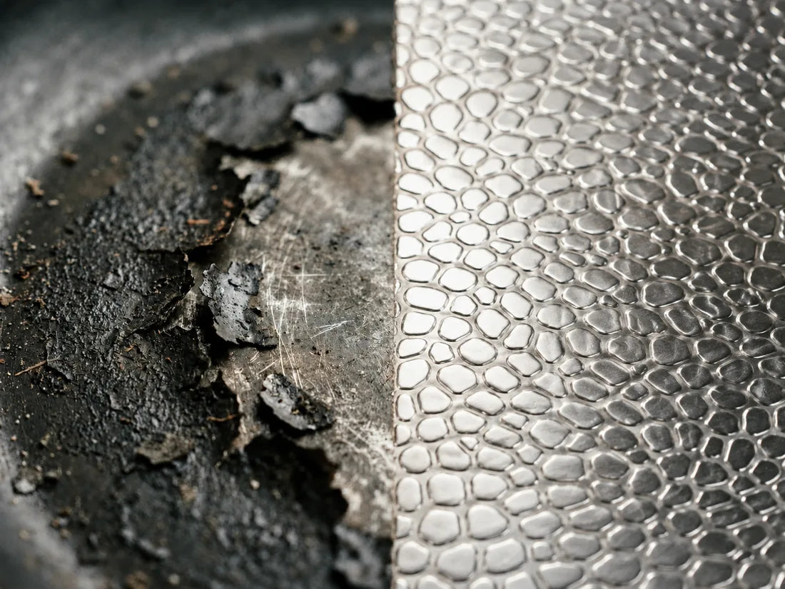 A peeling coated pan next to the bare hammered titanium surface