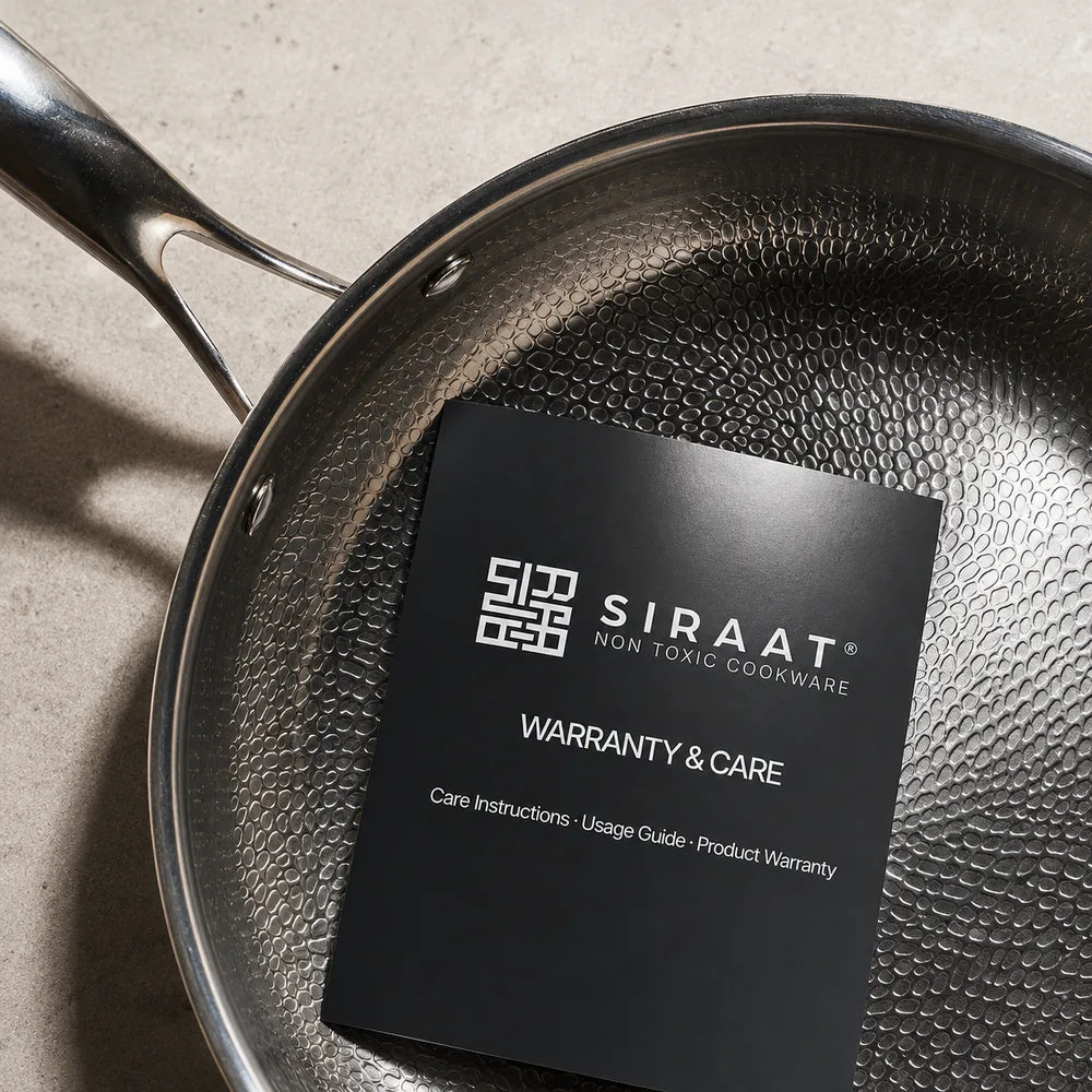 Siraat warranty and care booklet inside the hammered pan