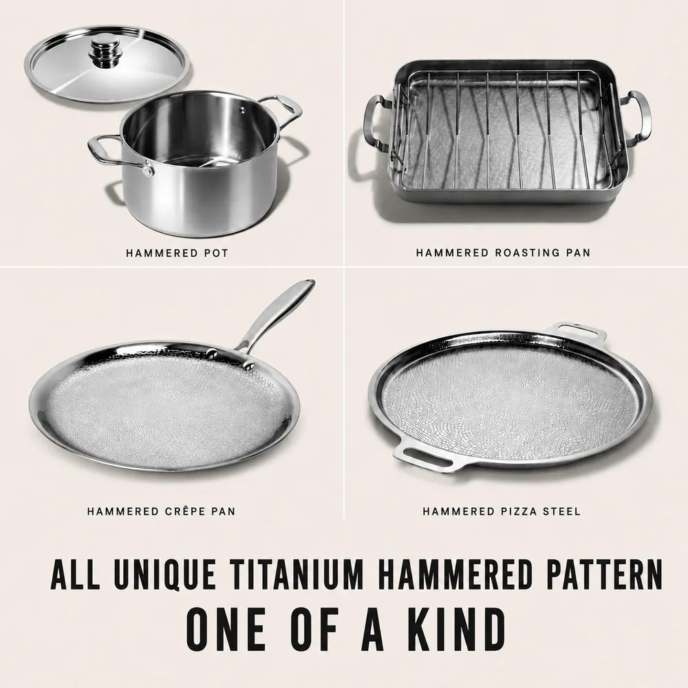 The Siraat hammered line: pot, roasting pan, crepe pan and pizza steel, all with the unique titanium hammered pattern